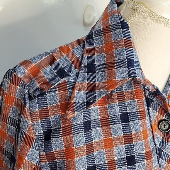 Vintage 70s Womens Sz M Plaid Button Up Jacket Blue Orange Unlined Pockets Retro - Picture 2 of 9
